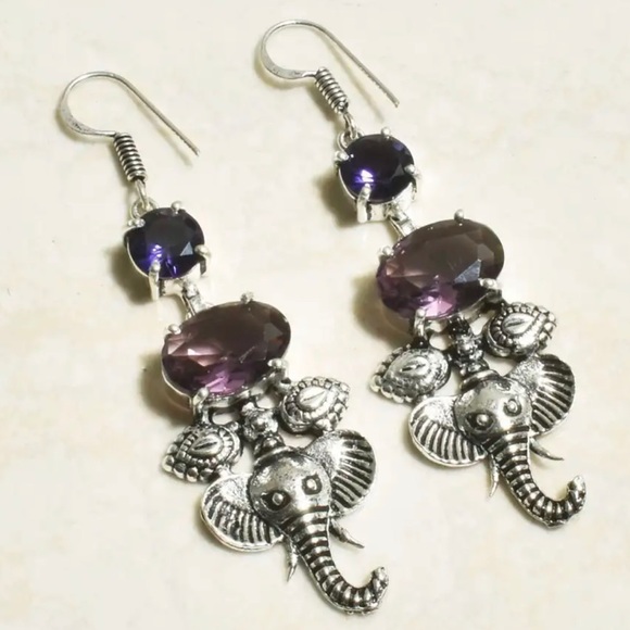 Jewelry - #105 Amethyst Elephant 🐘 Handcrafted Earrings NWOT